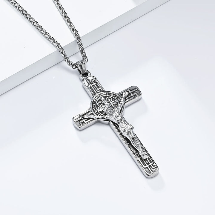 Christianartworkshop Classic Retro Style Crucifix St. Benedict Medal Protection Pendant Necklace - Silver - image 3