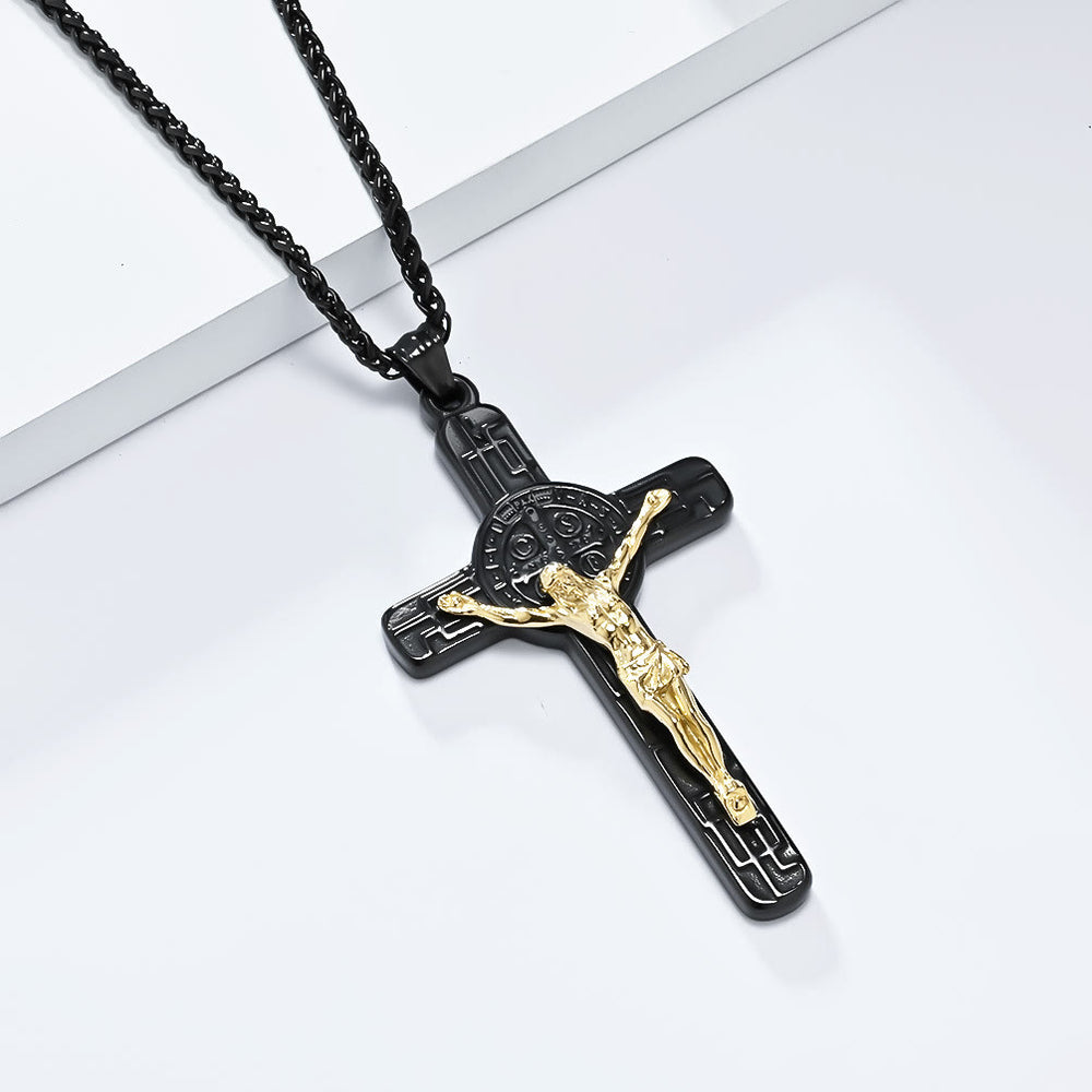 Christianartworkshop Classic Retro Style Crucifix St. Benedict Medal Protection Pendant Necklace - Black-gold - image 2