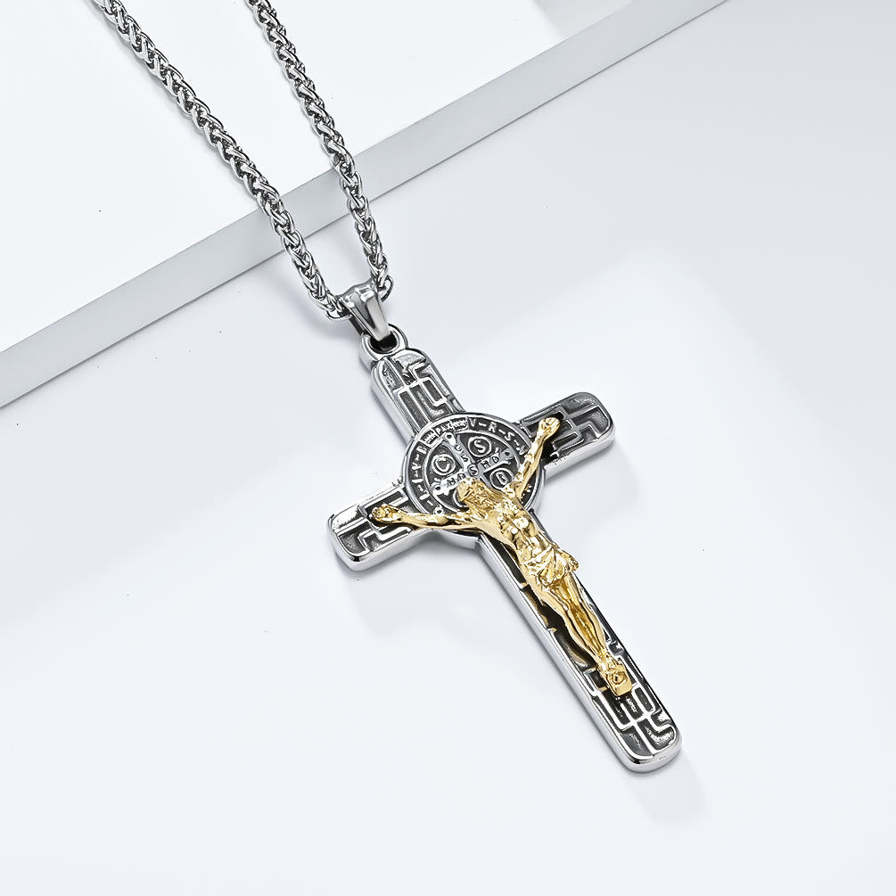 Christianartworkshop Classic Retro Style Crucifix St. Benedict Medal Protection Pendant Necklace - Silver-gold - image 1