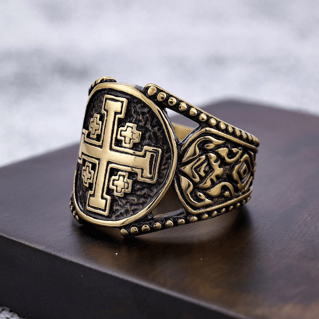Christianartworkshop Classic Style Old Craft Jerusalem Cross Symbol Alloy Ring - Golden - US15 - image 6