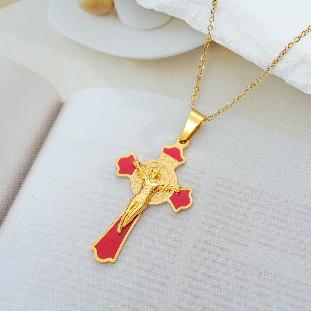 Christianartworkshop Modern Classic Style Multicolor Crucifix St. Benedict Medal Protection Pendant Necklace(8 colors) - Gold Tone-RED - image 0