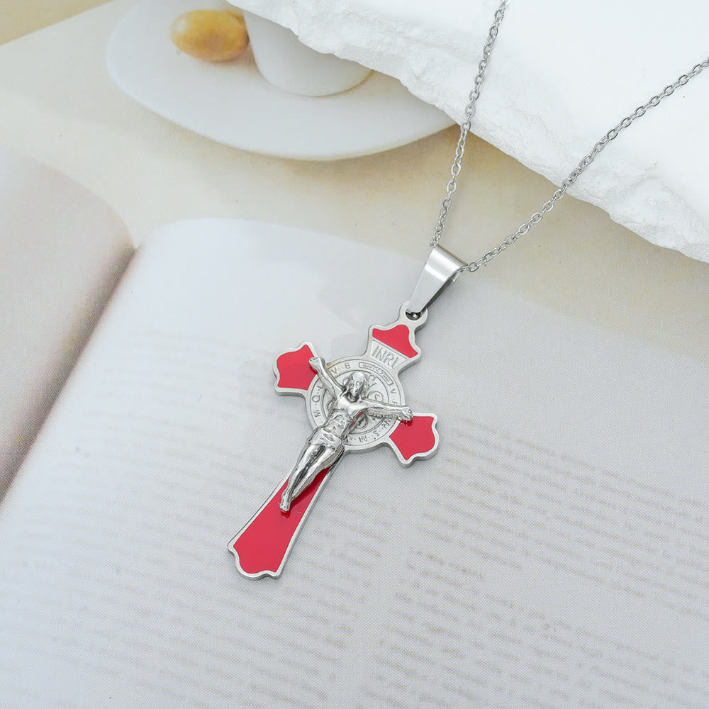 Christianartworkshop Modern Classic Style Multicolor Crucifix St. Benedict Medal Protection Pendant Necklace(8 colors) - Silver Tone-RED - image 2