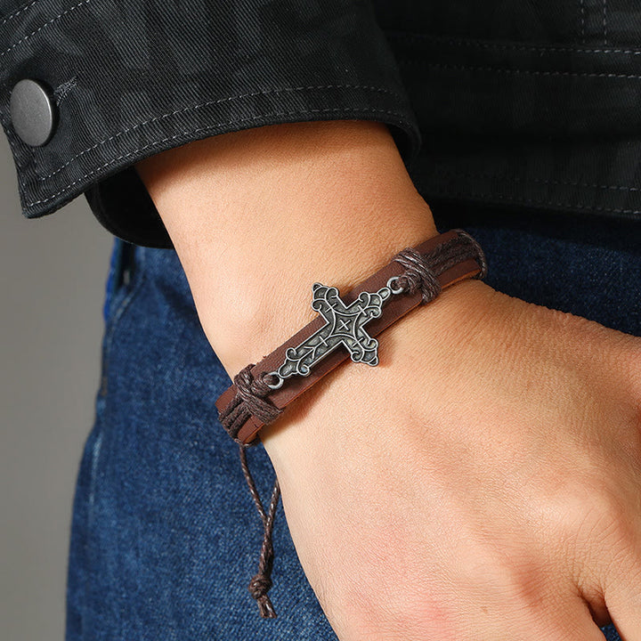 Christianartworkshop Old Crafted Style Cross Pendant Leather Drawstring Adjustable Faithful Bound Bracelet - Brown - image 0