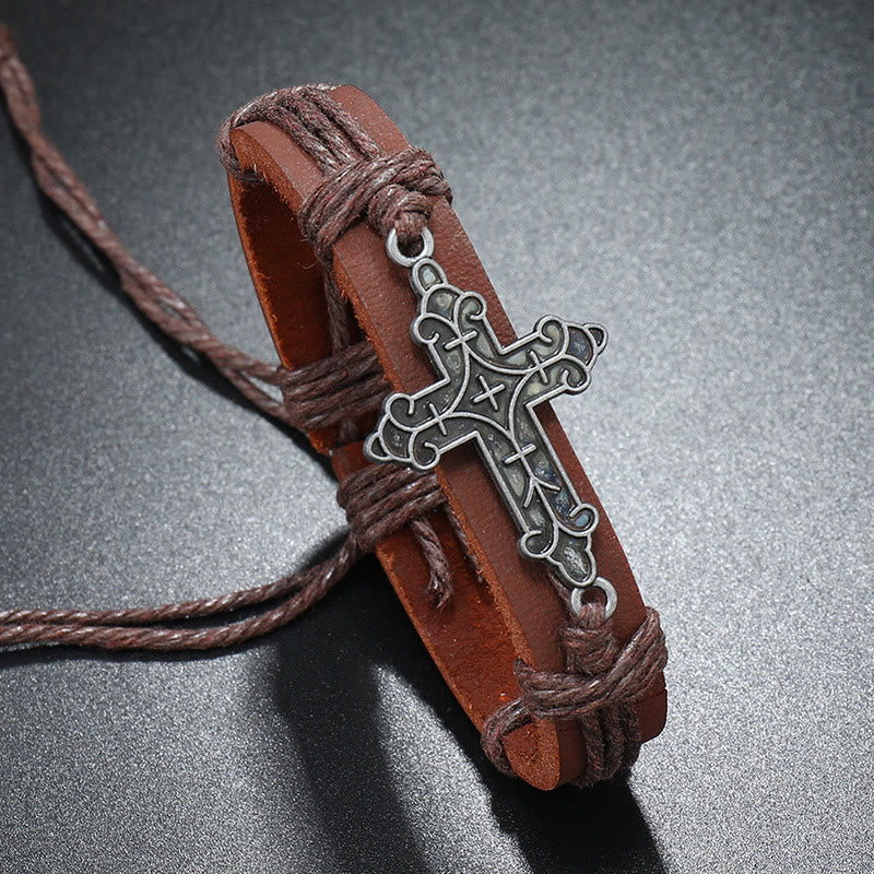 Christianartworkshop Old Crafted Style Cross Pendant Leather Drawstring Adjustable Faithful Bound Bracelet - image 2