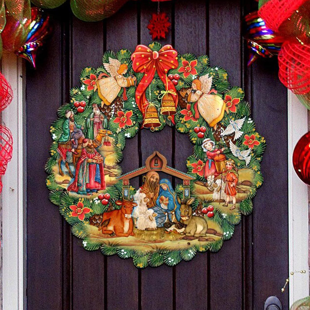 Christianartworkshop Colored Style Nativity Scene Angels Bells Wreath Christmas Nativity Hanging Ornaments - Nativity Scene - image 1