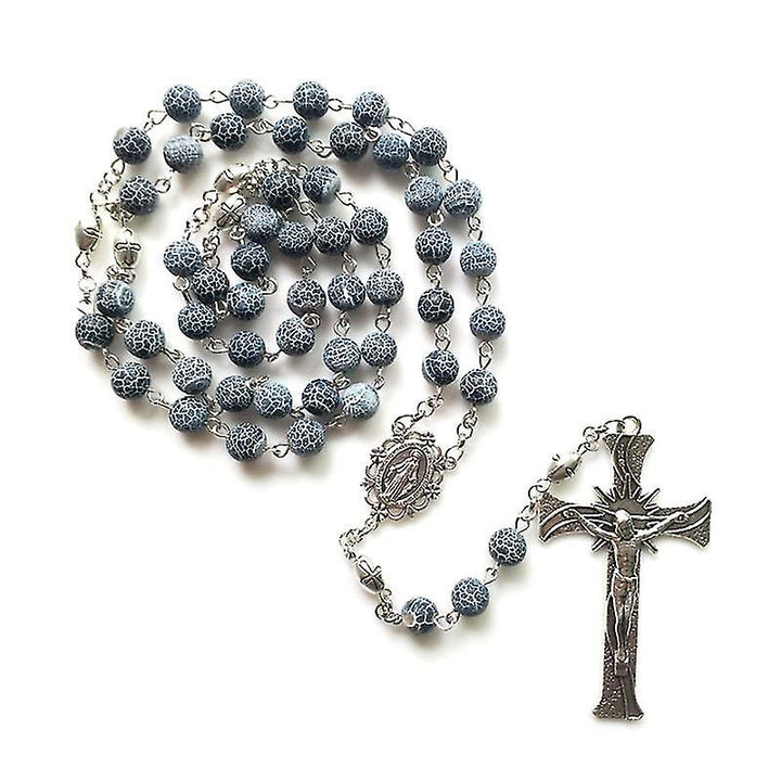 Christianartworkshop Miraculous Medal & Crucifix of 8 mm Round Blue Weathered Agate Alloy Chain Rosary - Blue - image 1