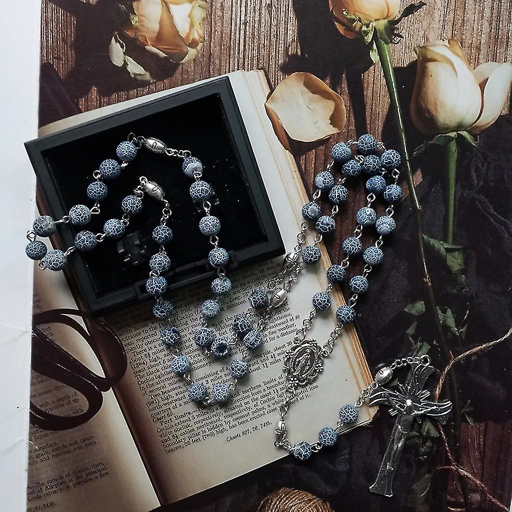 Christianartworkshop Miraculous Medal & Crucifix of 8 mm Round Blue Weathered Agate Alloy Chain Rosary - image 3
