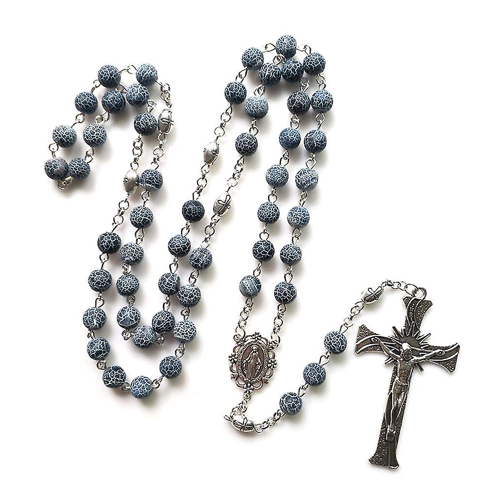 Christianartworkshop Miraculous Medal & Crucifix of 8 mm Round Blue Weathered Agate Alloy Chain Rosary - image 4