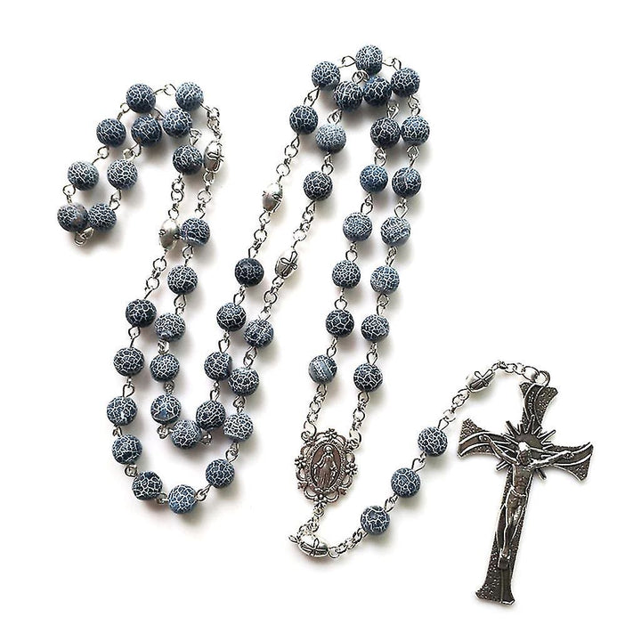 Christianartworkshop Miraculous Medal & Crucifix of 8 mm Round Blue Weathered Agate Alloy Chain Rosary - image 4