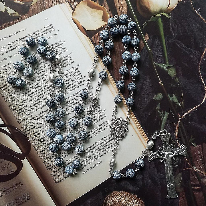 Christianartworkshop Miraculous Medal & Crucifix of 8 mm Round Blue Weathered Agate Alloy Chain Rosary - image 2