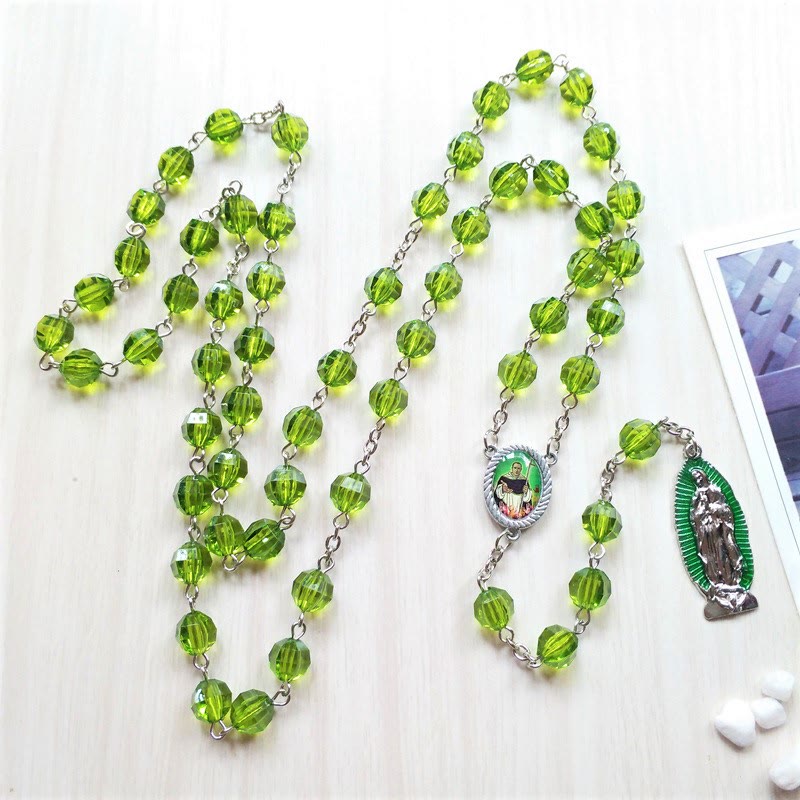 Christianartworkshop Saint Jude Thaddeus & Our Lady of Guadalupe of 8 mm Polyhedron Green Crystal Alloy Chain Rosary - image 2