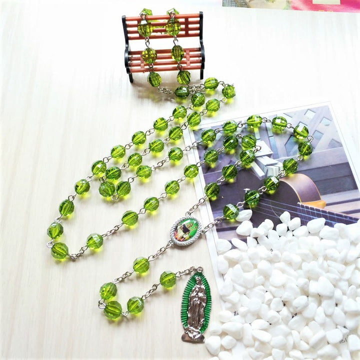 Christianartworkshop Saint Jude Thaddeus & Our Lady of Guadalupe of 8 mm Polyhedron Green Crystal Alloy Chain Rosary - image 4
