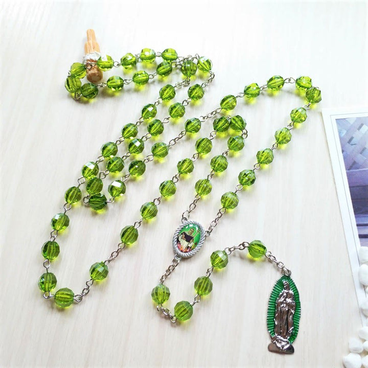 Christianartworkshop Saint Jude Thaddeus & Our Lady of Guadalupe of 8 mm Polyhedron Green Crystal Alloy Chain Rosary - image 3