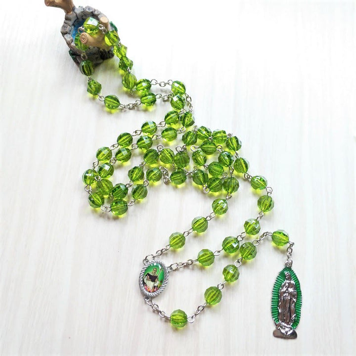 Christianartworkshop Saint Jude Thaddeus & Our Lady of Guadalupe of 8 mm Polyhedron Green Crystal Alloy Chain Rosary - image 5