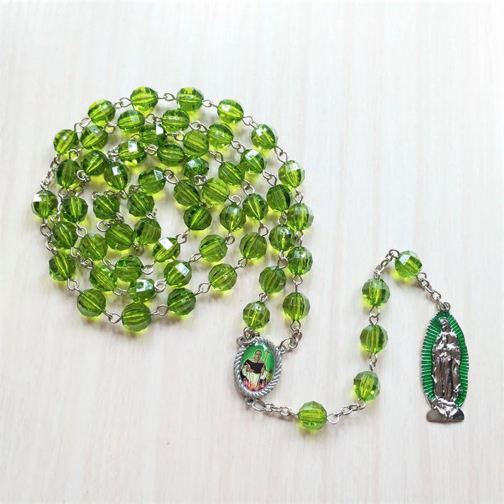 Christianartworkshop Saint Jude Thaddeus & Our Lady of Guadalupe of 8 mm Polyhedron Green Crystal Alloy Chain Rosary - Green - image 0