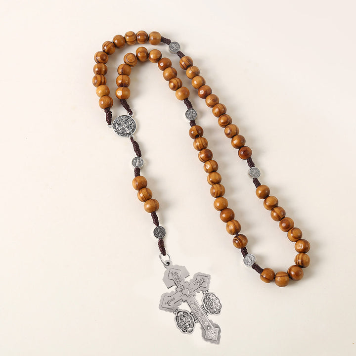 Christianartworkshop St. Benedict Medal & Pardon Crucifix of 10 mm Round Brown Wood Nylon Cord Rosary - image 3
