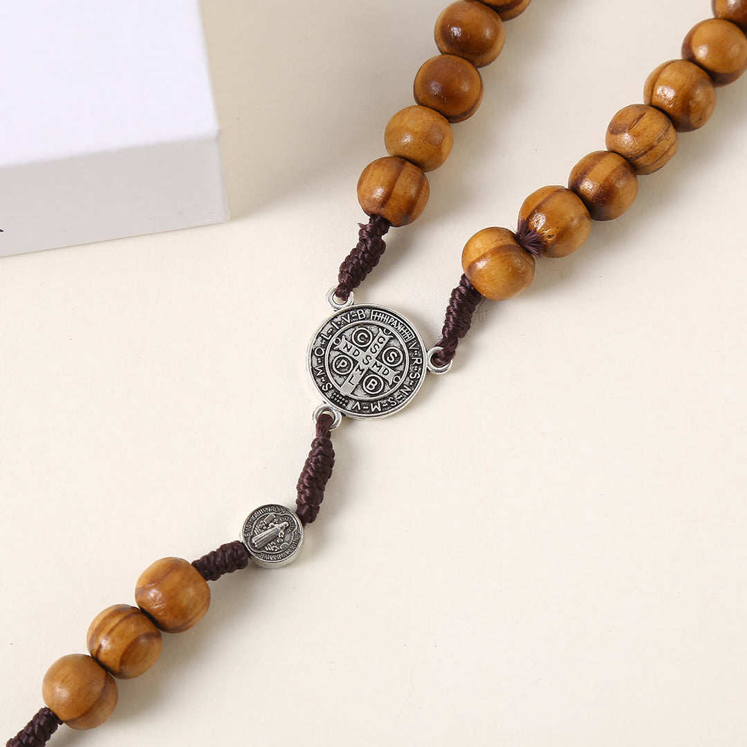 Christianartworkshop St. Benedict Medal & Pardon Crucifix of 10 mm Round Brown Wood Nylon Cord Rosary - image 4