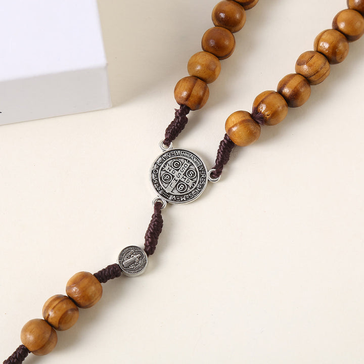 Christianartworkshop St. Benedict Medal & Pardon Crucifix of 10 mm Round Brown Wood Nylon Cord Rosary - image 4
