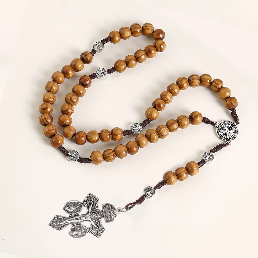 Christianartworkshop St. Benedict Medal & Pardon Crucifix of 10 mm Round Brown Wood Nylon Cord Rosary - Brown - image 1