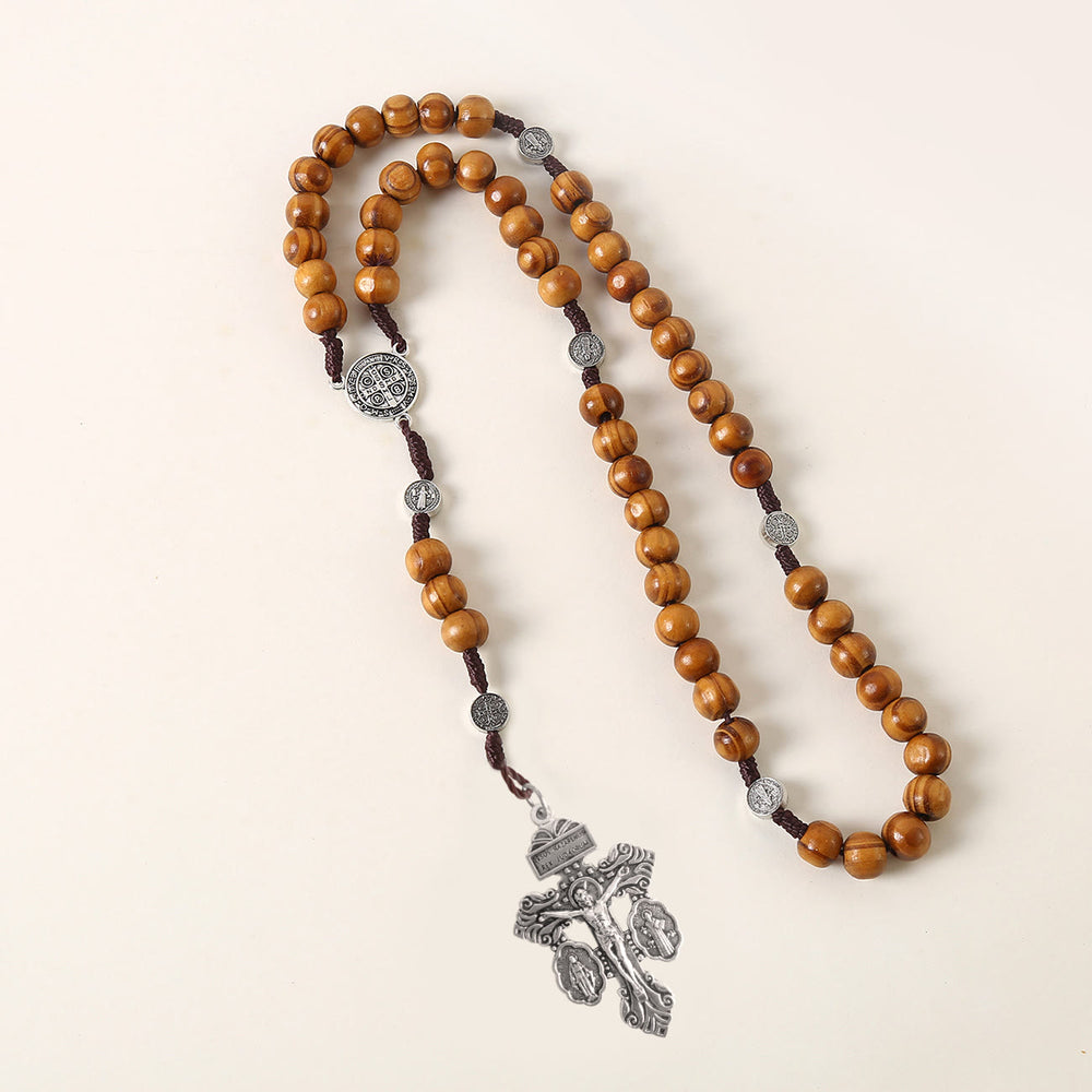 Christianartworkshop St. Benedict Medal & Pardon Crucifix of 10 mm Round Brown Wood Nylon Cord Rosary - image 2