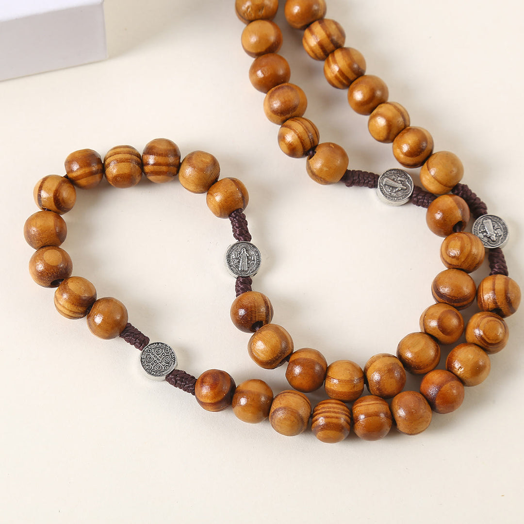 Christianartworkshop St. Benedict Medal & Pardon Crucifix of 10 mm Round Brown Wood Nylon Cord Rosary - image 5