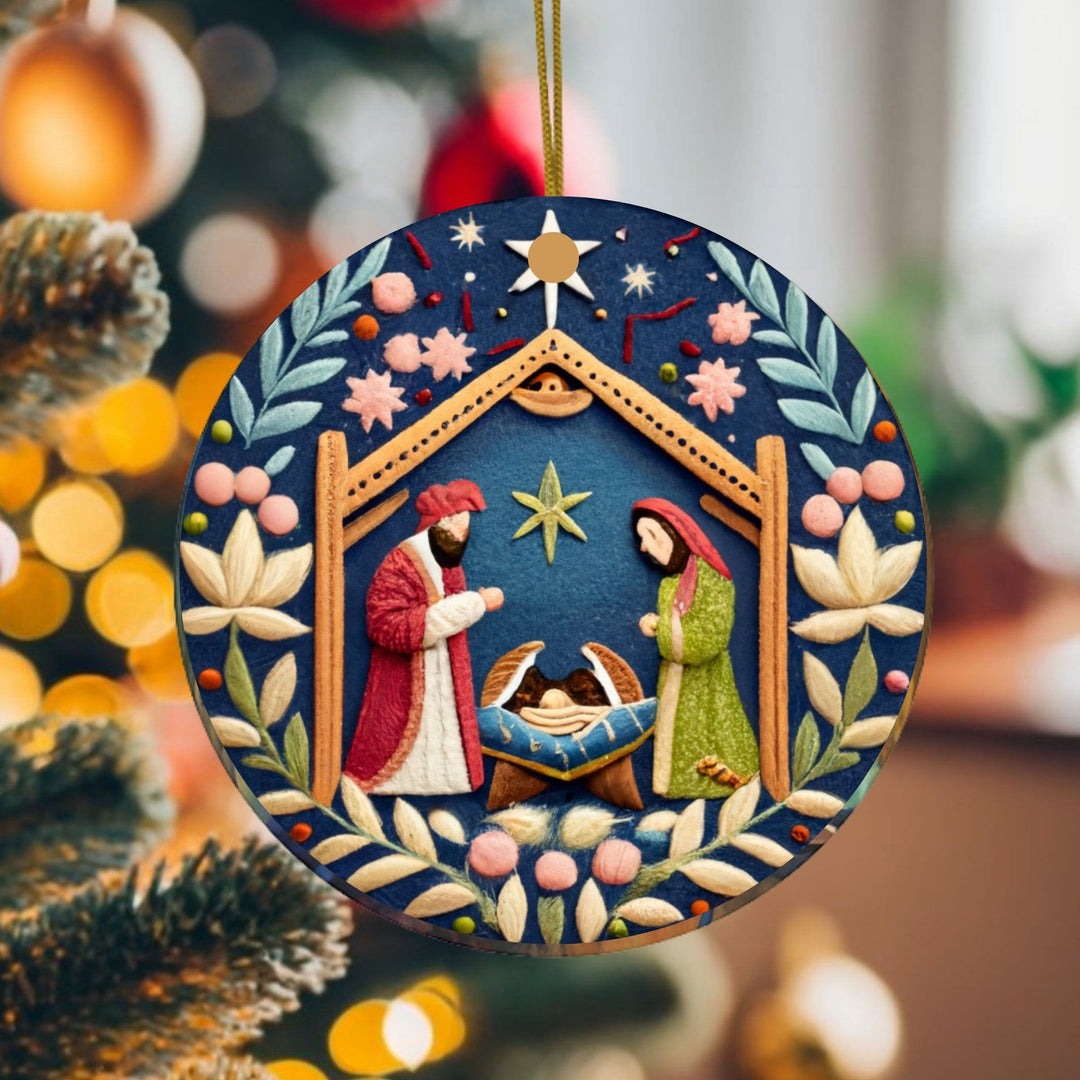 Christianartworkshop Colored Style Nativity Scene Floral Starry Night Acrylic Christmas Nativity Hanging Ornaments - Nativity Scene - image 1