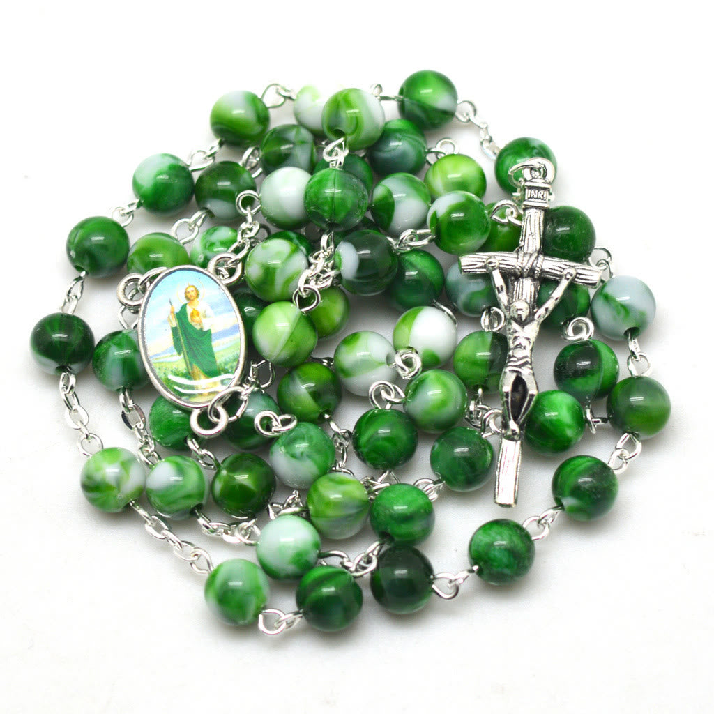 Christianartworkshop Saint Jude Thaddeus & Crucifix of 8 mm Round Green Acrylic Alloy Chain Rosary - image 7