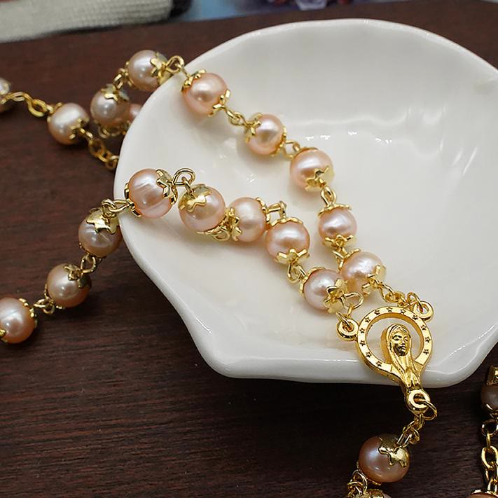 Christianartworkshop Virgin Mary & Crucifix of 7*8 mm Round Champagne Pearl Alloy Chain Rosary - image 3