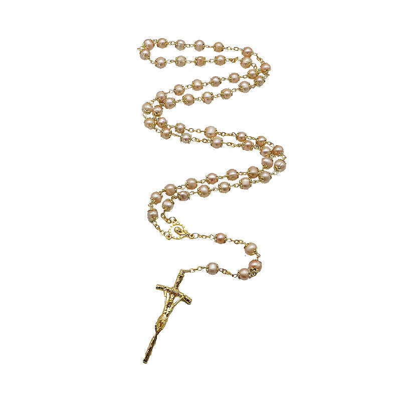 Christianartworkshop Virgin Mary & Crucifix of 7*8 mm Round Champagne Pearl Alloy Chain Rosary - image 5