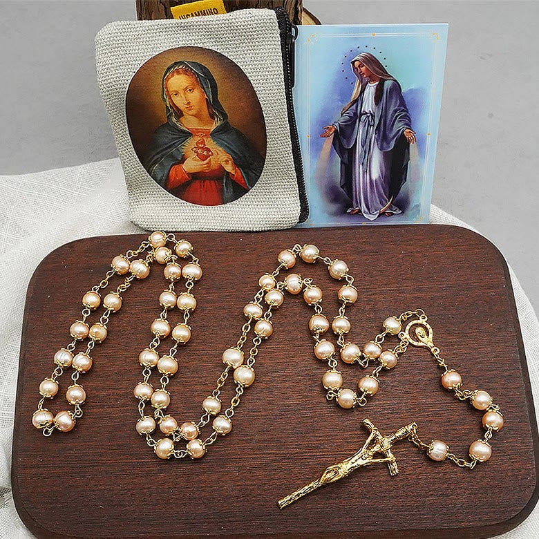 Christianartworkshop Virgin Mary & Crucifix of 7*8 mm Round Champagne Pearl Alloy Chain Rosary - Champagne - image 0