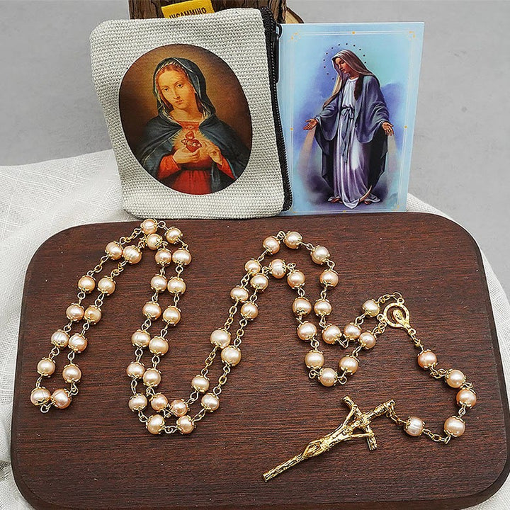 Christianartworkshop Virgin Mary & Crucifix of 7*8 mm Round Champagne Pearl Alloy Chain Rosary - Champagne - image 0