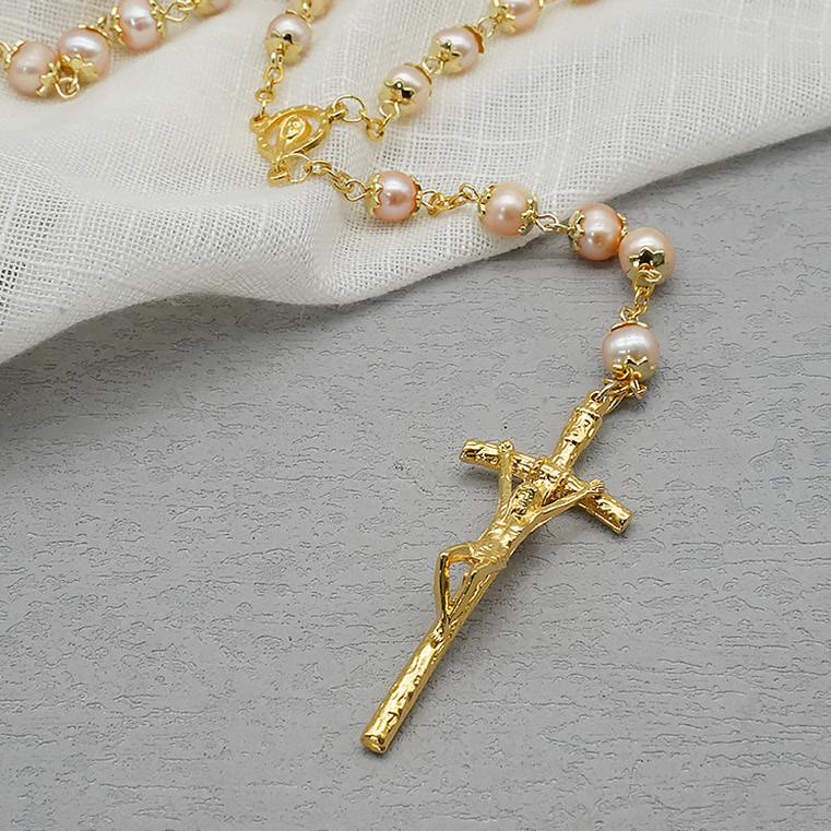 Christianartworkshop Virgin Mary & Crucifix of 7*8 mm Round Champagne Pearl Alloy Chain Rosary - image 4