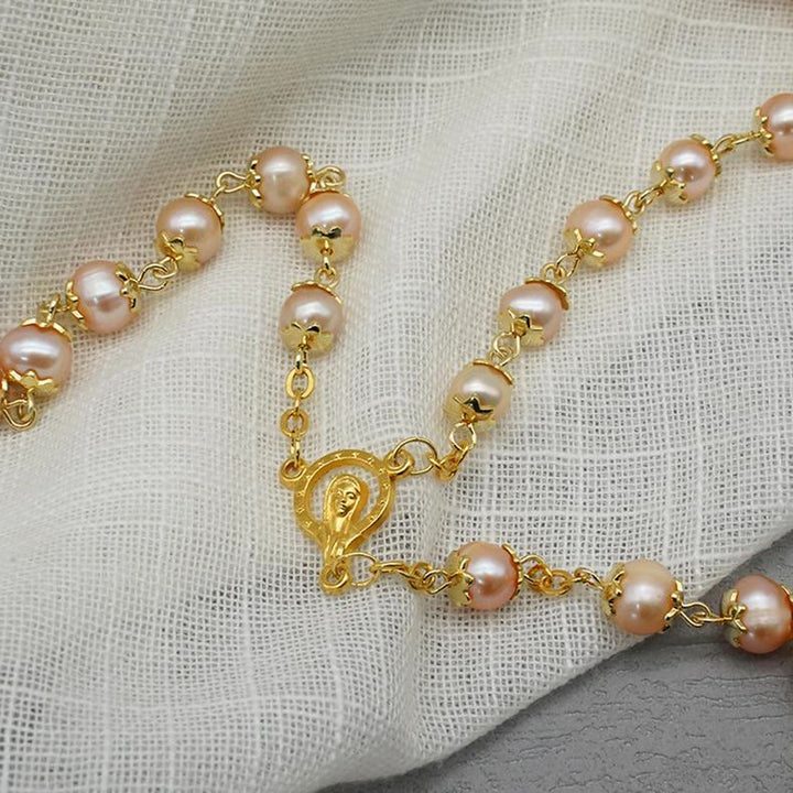 Christianartworkshop Virgin Mary & Crucifix of 7*8 mm Round Champagne Pearl Alloy Chain Rosary - image 3
