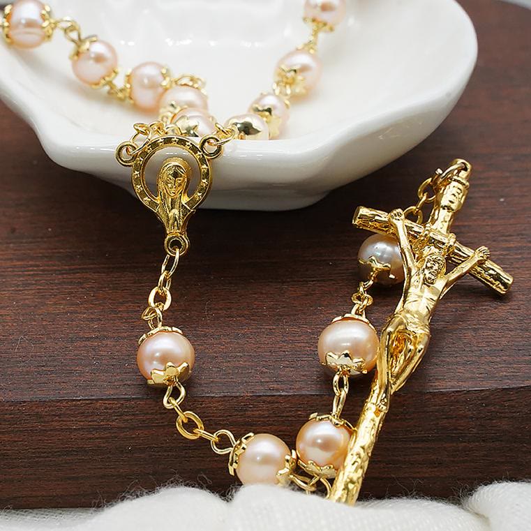 Christianartworkshop Virgin Mary & Crucifix of 7*8 mm Round Champagne Pearl Alloy Chain Rosary - image 2