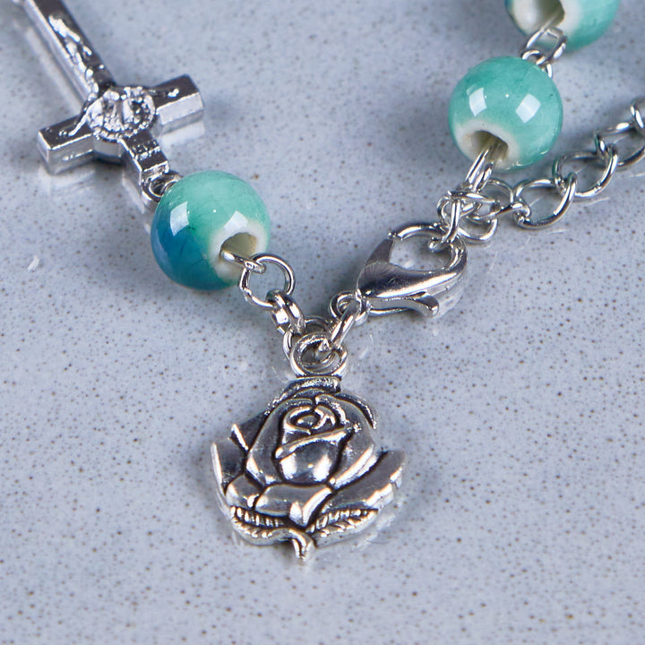 Christianartworkshop Joyful Blossom Green Tone Ceramics Beads Rose & Crucifix Bracelet - image 6