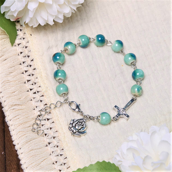 Christianartworkshop Joyful Blossom Green Tone Ceramics Beads Rose & Crucifix Bracelet - image 2
