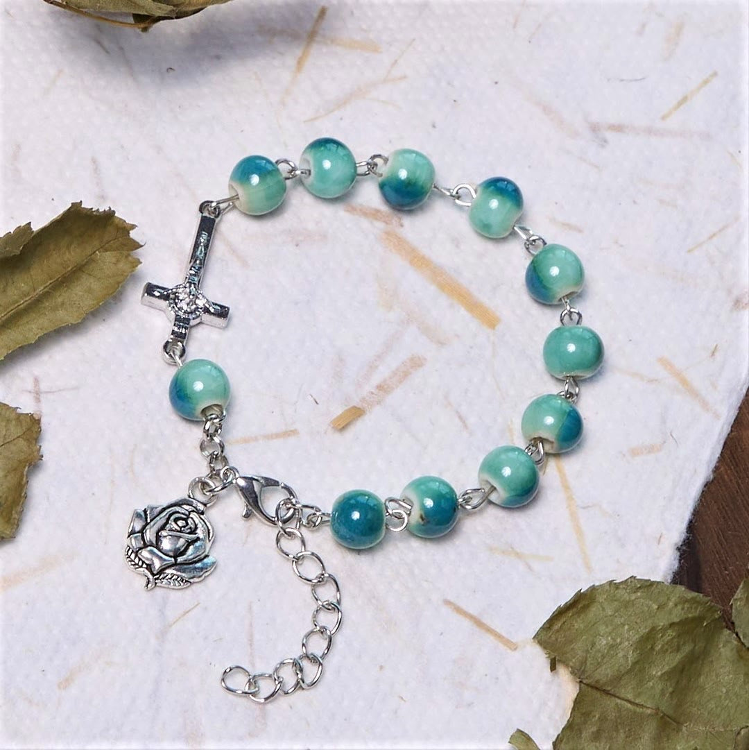 Christianartworkshop Joyful Blossom Green Tone Ceramics Beads Rose & Crucifix Bracelet - Rose & Crucifix - image 1