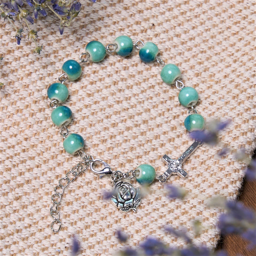 Christianartworkshop Joyful Blossom Green Tone Ceramics Beads Rose & Crucifix Bracelet - image 3