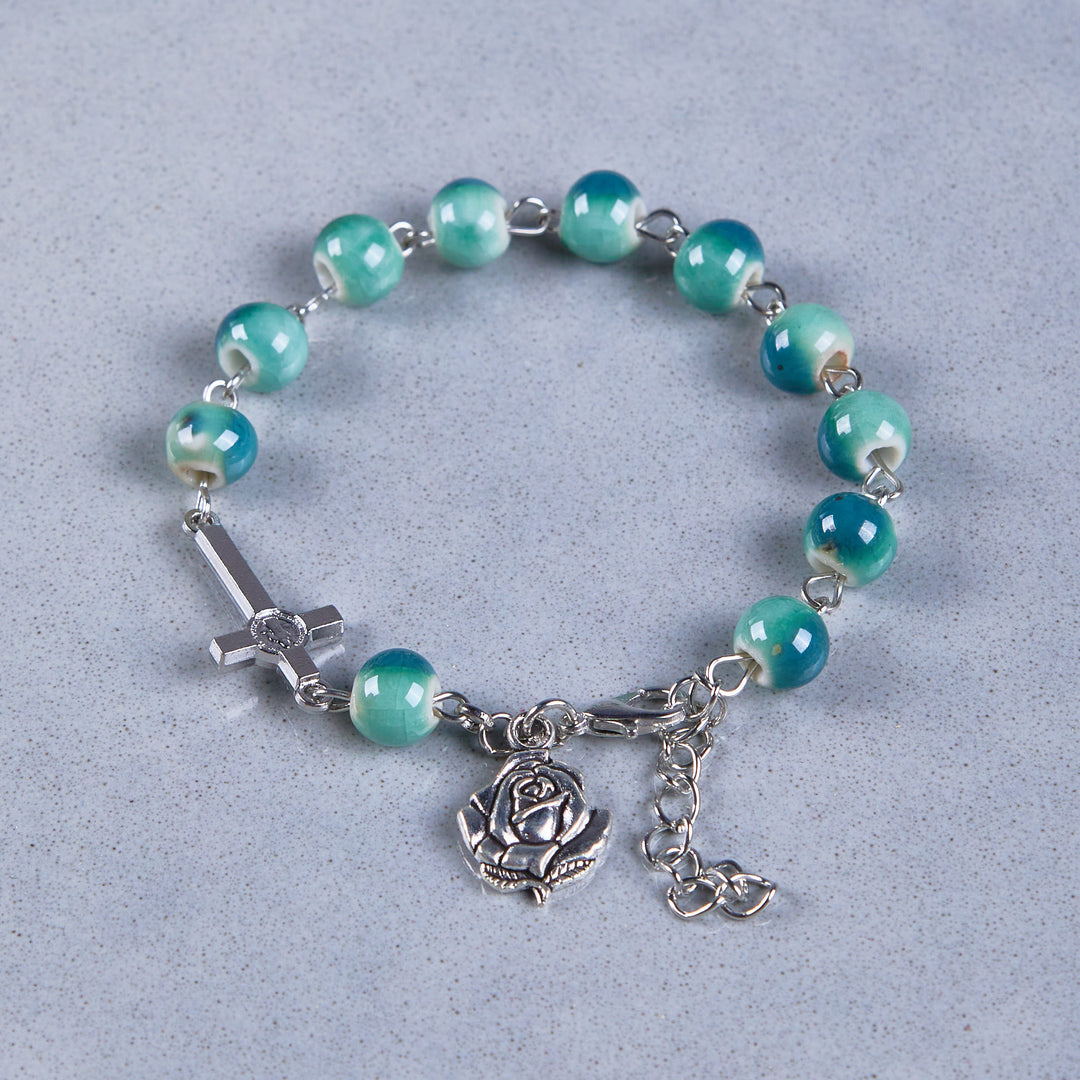 Christianartworkshop Joyful Blossom Green Tone Ceramics Beads Rose & Crucifix Bracelet - image 4