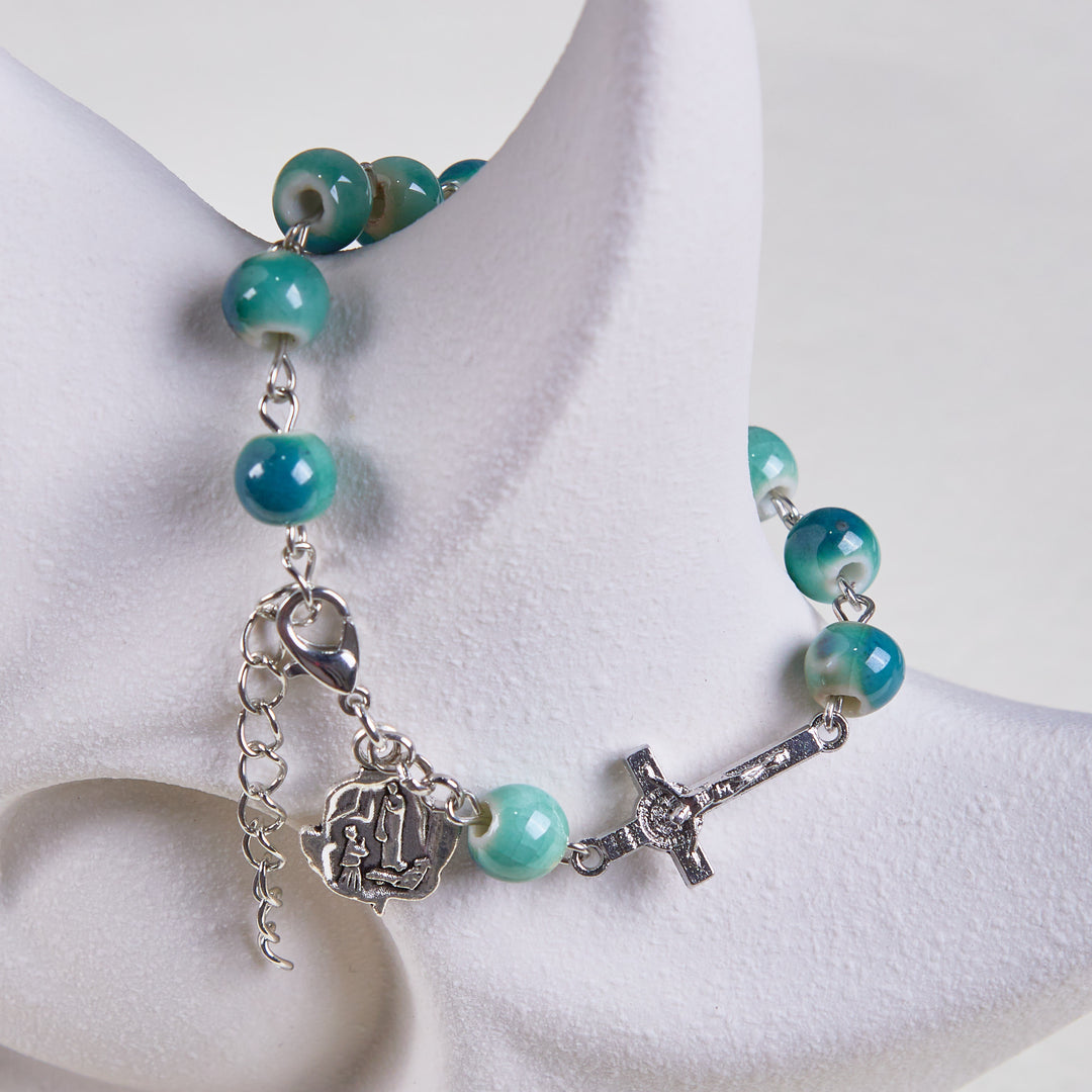 Christianartworkshop Joyful Blossom Green Tone Ceramics Beads Rose & Crucifix Bracelet - image 5
