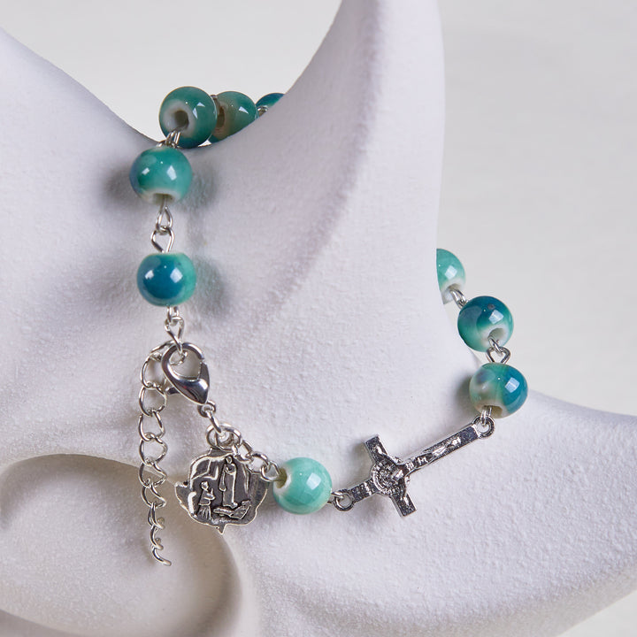 Christianartworkshop Joyful Blossom Green Tone Ceramics Beads Rose & Crucifix Bracelet - image 5