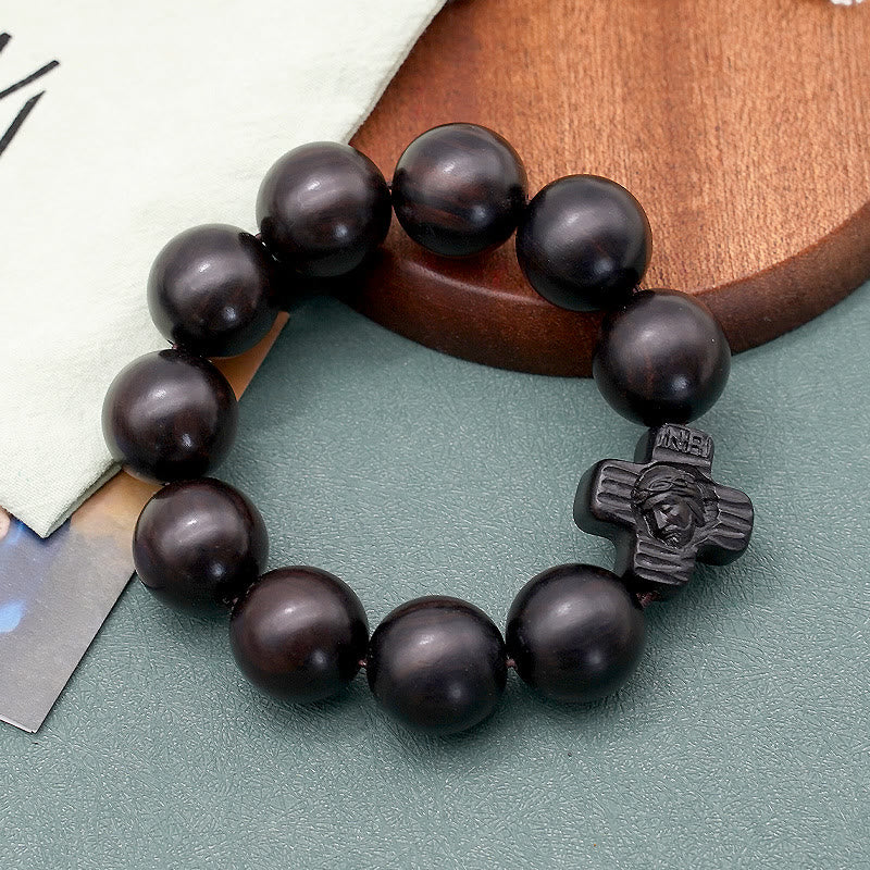 Christianartworkshop Classic Jesus Christ Cross Black Sandalwood Rosary Bracelet - 20mm - image 1