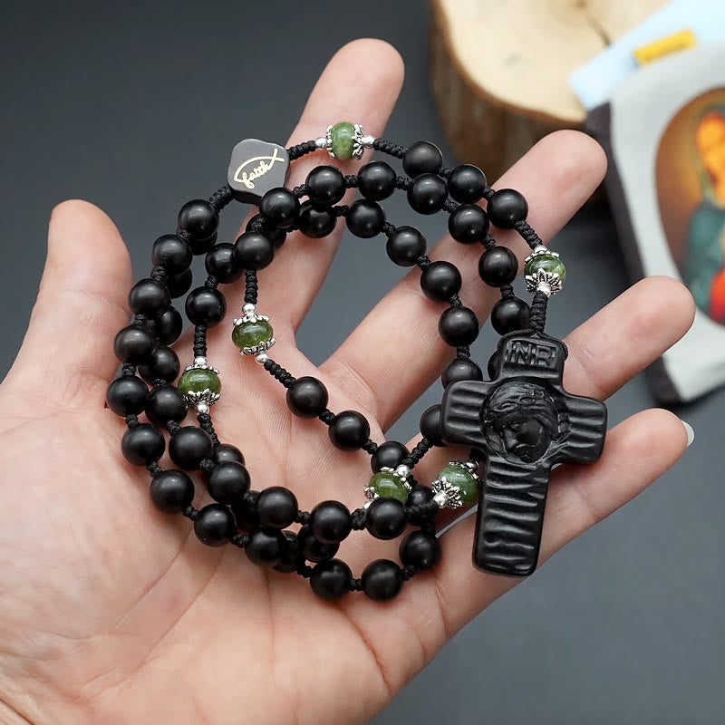 Christianartworkshop Jesus Cross of 8 mm Round Brown/Black Sandalwood Nylon Cord Rosary - image 9