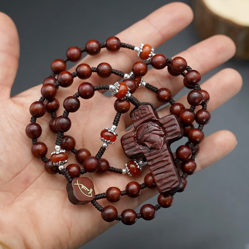 Christianartworkshop Jesus Cross of 8 mm Round Brown/Black Sandalwood Nylon Cord Rosary - image 2