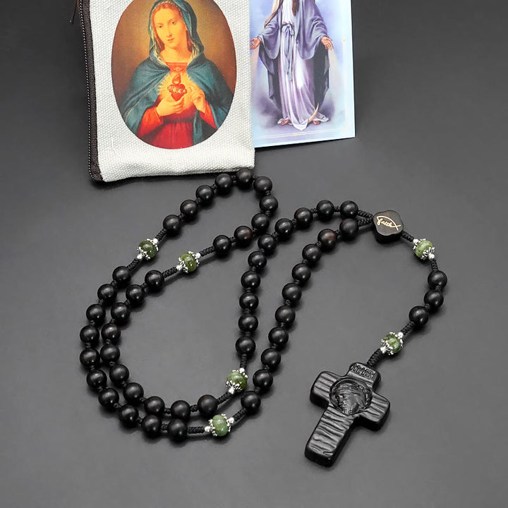 Christianartworkshop Jesus Cross of 8 mm Round Brown/Black Sandalwood Nylon Cord Rosary - Ebony - image 8