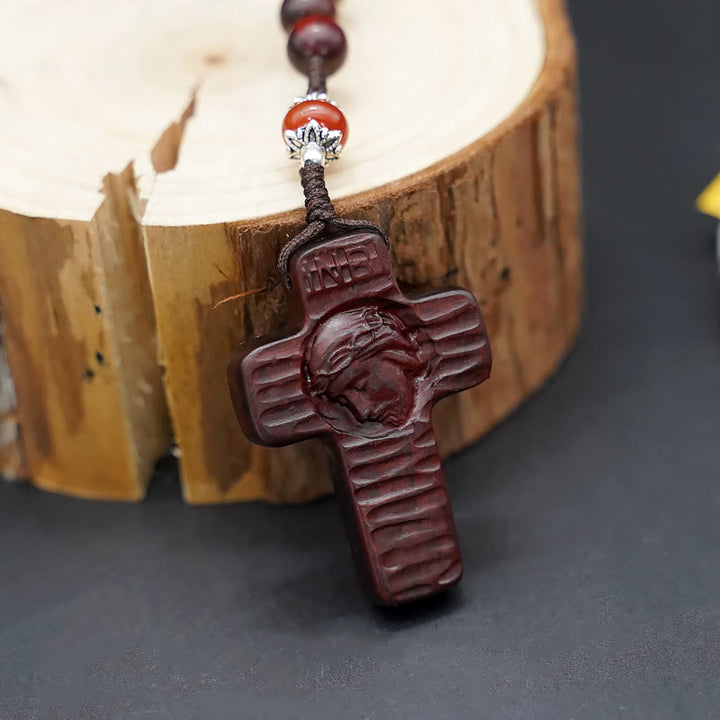 Christianartworkshop Jesus Cross of 8 mm Round Brown/Black Sandalwood Nylon Cord Rosary - image 6