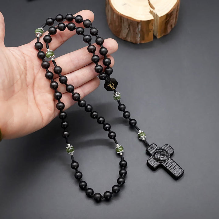 Christianartworkshop Jesus Cross of 8 mm Round Brown/Black Sandalwood Nylon Cord Rosary - image 10