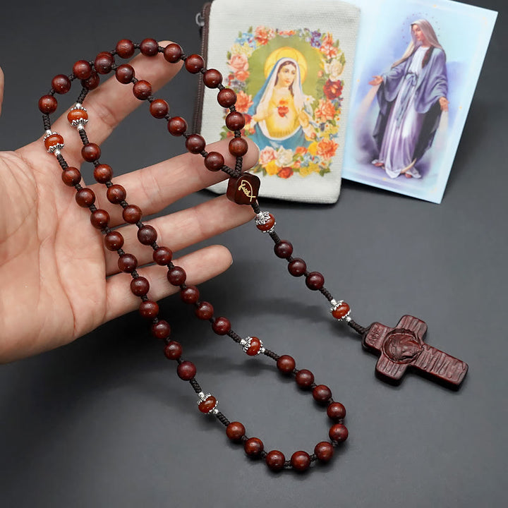 Christianartworkshop Jesus Cross of 8 mm Round Brown/Black Sandalwood Nylon Cord Rosary - image 3