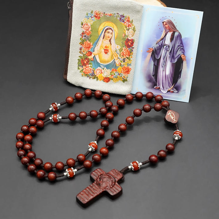 Christianartworkshop Jesus Cross of 8 mm Round Brown/Black Sandalwood Nylon Cord Rosary - Rosewood - image 1