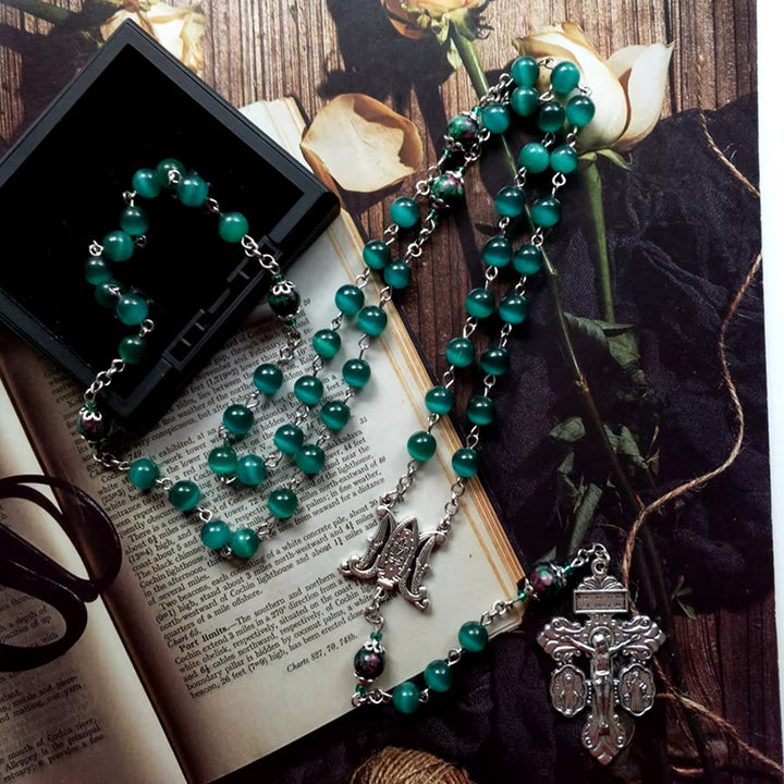 Christianartworkshop Miraculous Medal & St. Benedict Medal & Crucifix of 8 mm Round Green Cat's Eye Stone Alloy Chain Rosary - image 5